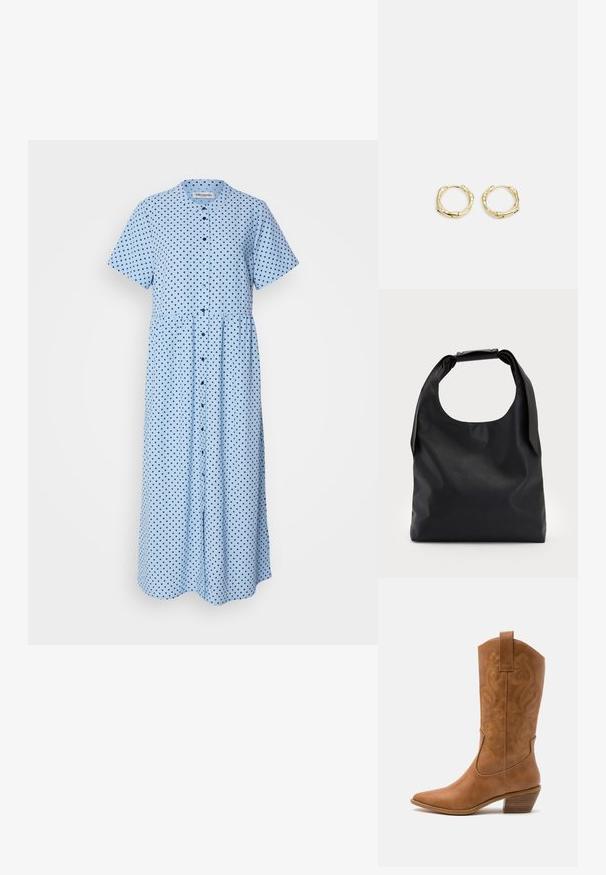 Vestido azul com mangas curtas, frente abotoada e cintura franzida. Apresenta bolinhas marinhas sobre um fundo azul claro.; Bota de cowboy em couro cáqui com bico pontiagudo, padrões de bordado em espiral no cano e um salto em bloco empilhado. Inclui uma alça para fácil calçar.; Saco hobo de couro preto com uma única alça suave e arredondada; apresenta uma textura suave e um design minimalista. Sem hardware ou acabamentos visíveis.; Brincos de argola dourados com um formato irregular e texturizado. Apresentam um fecho sem emenda e um acabamento polido, destacando um design moderno.