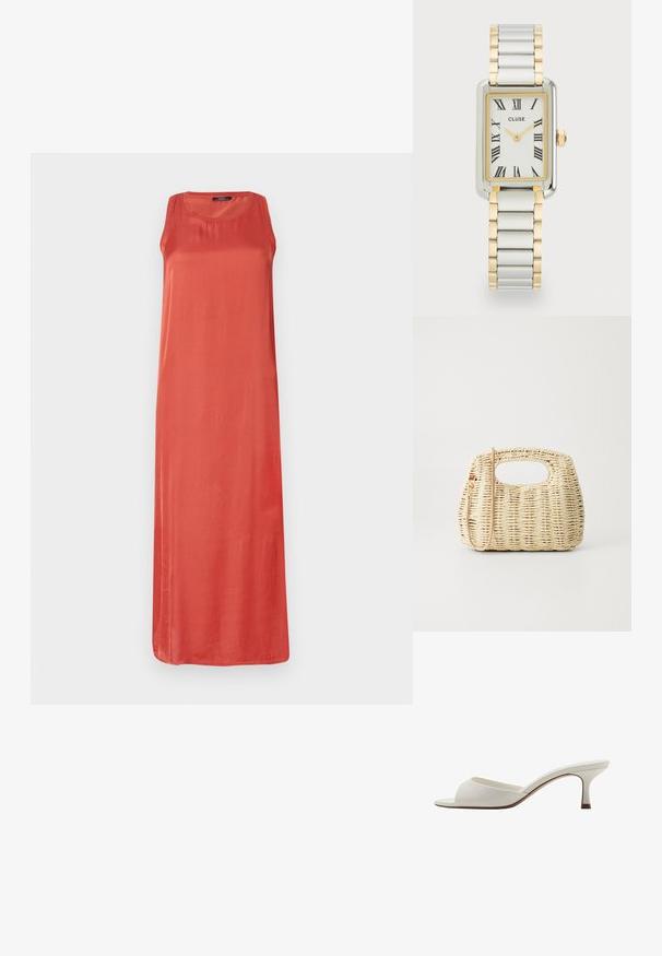Hihaton, pitkä mekko yhtenäisessä korallinvärisessä sävyssä. Valmistettu sileästä kankaasta, jossa on rento istuvuus ja pyöreä pääntie. Ei merkittäviä kuvioita tai koristeita.; Valkoiset avonaiset korkeakorkoiset mulesit, joissa on sileä pinta, minimalistinen muotoilu ja hoikka korko, ja joissa on hienovarainen ruskea korostus pohjassa.; Kudottu olkilaukku vaaleanbeigellä värillä, pyöreällä muotoilulla, avoimella suulla ja irrotettavalla hihnalla. Huomattava rakenne ja monimutkainen kudontakuosi.; Cluse BELISSENA WATCH - Rannekello - silver-coloured/gold-coloured; Korvakorut, joissa on kulta sävyinen rengas ja kierrätetty muotoilu, jossa on uurteinen pinta ja sileä viimeistely. Kevyt ja ontto rakenne.
