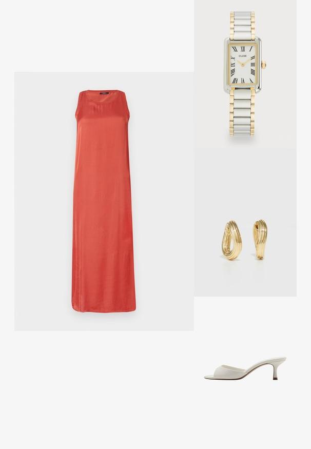 Sukienka bez rękawów, długa, w jednolitym kolorze koralowym. Wykonana z gładkiego materiału, o luźnym kroju i okrągłym dekolcie. Bez wyraźnych wzorów lub akcentów.; Białe, otwarte na palcach mule na wysokim obcasie o gładkim wykończeniu, minimalistycznym designie i smukłym obcasie, z subtelnym brązowym akcentem na podeszwie.; Cluse BELISSENA srebrny; Kolczyki w kształcie kół w kolorze złotym z kręconym wzorem, posiadające żebrowaną fakturę i gładkie wykończenie. Lekkie i puste w środku.