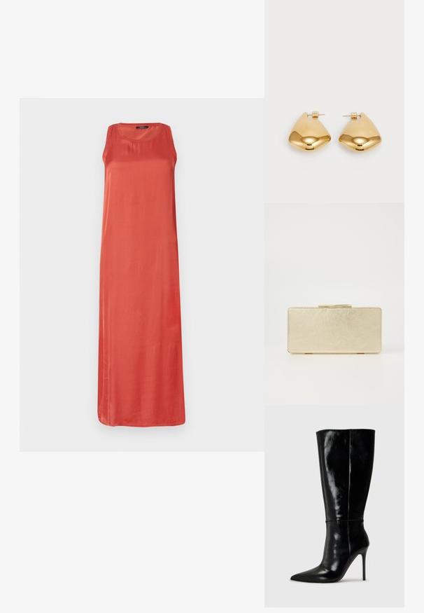 Sukienka bez rękawów, długa, w jednolitym kolorze koralowym. Wykonana z gładkiego materiału, o luźnym kroju i okrągłym dekolcie. Bez wyraźnych wzorów lub akcentów.; Czarne skórzane wysokie buty za kolano z ostro zakończonym noskiem i wysokim obcasem w kształcie szpilki. Gładka tekstura i smukły design, z minimalnymi detalami.; Złota torebka kopertówka o gładkim metalicznym wykończeniu, prostokątnym kształcie i prostym zapięciu na zamek. Brak widocznych wzorów lub dekoracji.; Złote metalowe kolczyki w gładkim, zaokrąglonym trójkątnym kształcie i projekcie z zapięciem na sztyft; odbijająca powierzchnia z minimalnymi detalami.
