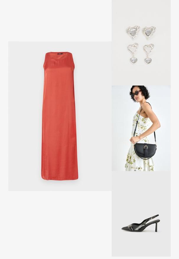 Ujjatlan, hosszú ruha egyszínű korall színben. Simla anyagból készült, laza fazonnal és kerek nyakkivágással. Nincsenek figyelemfelkeltő minták vagy díszítések.; Fekete lakk bőr, hegyes orrú slingback cipő, boka pántokkal, ezüst csatokkal és hardverelemekkel, valamint karcsú sarkú.; Fekete bőrtáska ívelt formával, levehető pánttal és arany színű fémrészekkel. A táskán egy csattal díszített fedél található.; Ez az ezüst szív alakú fülbevaló sima, átlátszó kövekkel rendelkezik, texturált kerettel. A készlet stud és csepp stílust is tartalmaz.
