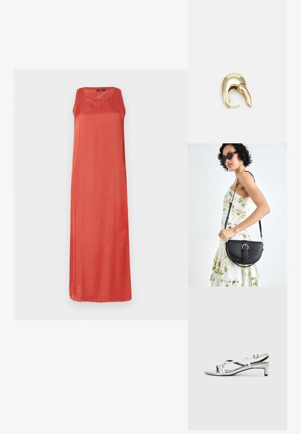 Bezdidžiu ilgu suknele, soli koralų spalvos. Pagaminta iš lygaus audinio, su laisvu siluetu ir apvalia iškirpte. Nėra išskirtinių raštų ar akcentų.; Sidabrinės metalinės slingback basutės su žemu kulnu, turinčios kryžminius dirželius ir lygų tekstūrą. Minimalistinis dizainas.; Juodas odinis krepšys su išlenkta forma, nuimamu dirželiu ir auksiniais detalėmis. Krepšys turi kilpą su sagtimi.; Aukso tono metalinės auskarai su stilingu, kreiviu dizainu. Išsiskiria ryškiu smailiu pavidalu, poliruota paviršiumi ir užsegimu su vyriu.