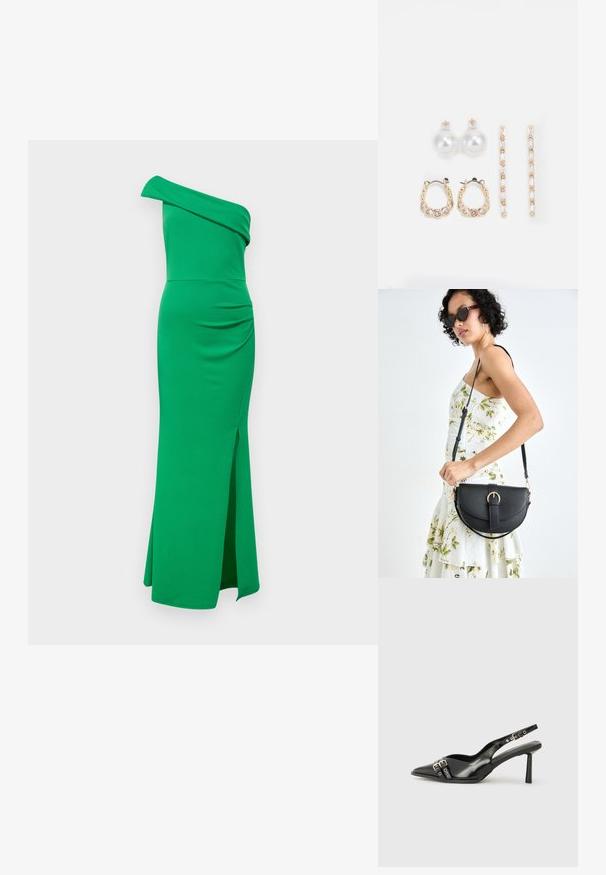Jednoshirni, tijelu prilagođeni zeleni haljina izrađena od rastezljivog materijala. Ima drapiranje u struku i bočni prorez koji se proteže od sredine bedra.; Crna lakirana slingback cipela s izduženim vrhom, remenčićima oko gležnja s srebrnim kopčama i dijelovima, te vitkim potplatom.; Crna kožna torba s lukovitim oblikom, odvojivim remenom i zlatnim detaljima. Torba ima preklop s kopčom.; Tri para naušnica: velike bijele biserne naušnice, zlatne kružne naušnice s prozirnim draguljima i dva duga, ravna zlatna naglasna naušnica s sjajnim detaljima.