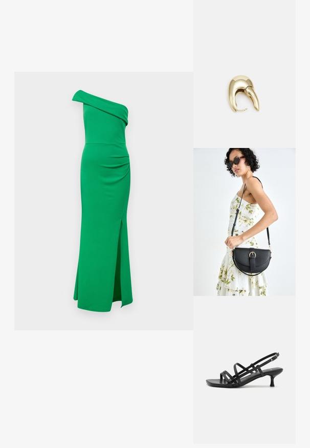 Rochie verde, ajustată, cu un umăr, confecționată dintr-un material elastic. Prezintă drapaj în zona taliei și o fanta laterală care se extinde de la mijlocul coapsei.; Sandale negre cu toc, cu mai multe curele încrucișate. Material neted, vârf ascuțit și toc subțire. Curea ajustabilă la gleznă cu cataramă.; Geantă din piele neagră, cu o formă curbată, curea detașabilă și accesorii aurii. Geanta are un capac cu un detaliu tip cataramă.; Cercei din metal de culoare aurie cu un design elegant și curbat. Prezintă o formă distinctivă, ascuțită, o suprafață lustruită și un sistem de închidere cu balama.