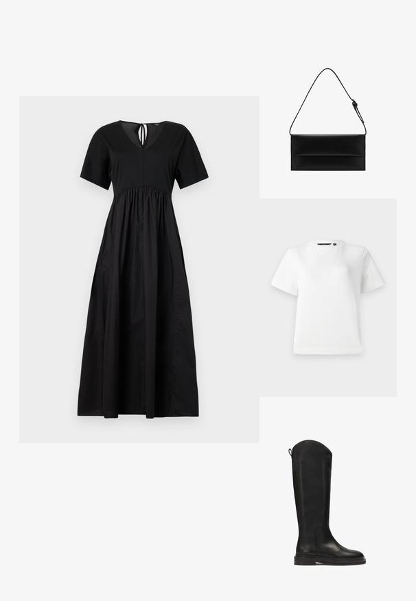 Čierna bavlnená maxi šaty s výstrihom do V, krátkym rukávom a zberaným pásom, s kravátkovým zapínaním na chrbte a hladkou textúrou.; Biele tričko s krátkymi rukávmi vyrobené z hladkej bavlnenej tkaniny, s okrúhlym výstrihom a voľným strihom so zastrihnutými okrajmi.; Čierne kožené čižmy po kolená s hladkým povrchom, zaobleným vrchom, pevným podešvou a minimalistickým dizajnom. Obsahujú pútko na zadnej strane pre jednoduché obúvanie.; Mango Kabelka - black