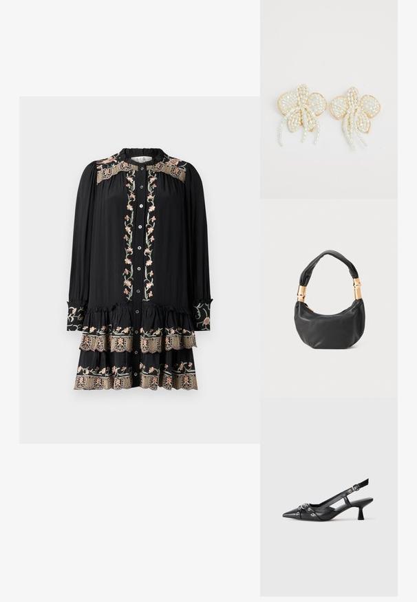 Sea Denní šaty - black; Černé kožené slingback boty s špičatou špičkou, dekorativními pásky s kovovými očky a nízkým blokovým podpatkem. Texturovaný povrch.; Černá kožená kabelka s kulatým tvarem, měkkou texturou a uzlovou rukojetí se zlatými kovovými detaily. Zapínání na zip.; Náušnice ve tvaru květin z perel se zlatými akcenty. Každý okvětní lístek má malé, kulaté perly uspořádané do květinového vzoru, s jemnými perlami na závěsu.