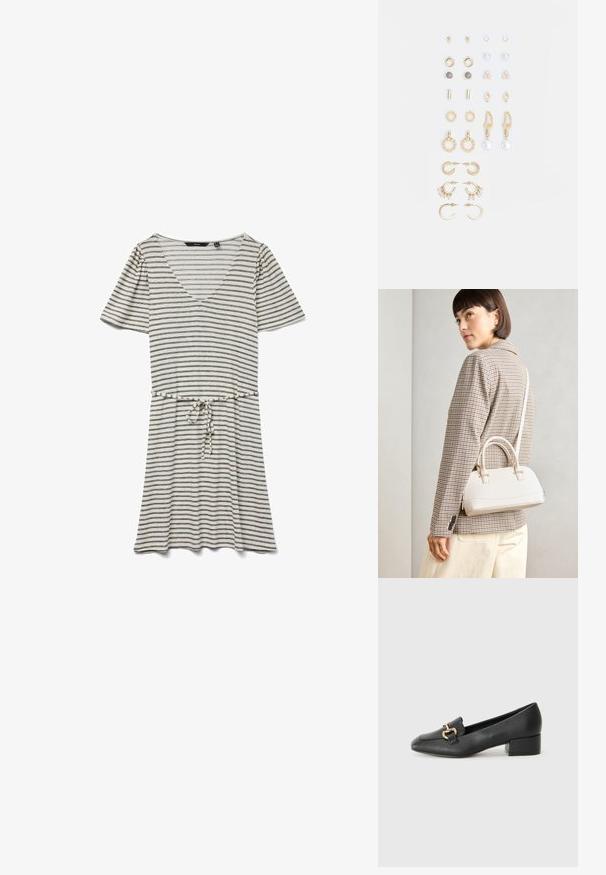 Rochie cu mânecă scurtă, cu dungi, dintr-un material ușor. Prezintă decolteu în V, talie strânsă cu șnur și dungi alternante albe și negre.; Loaferi negri din piele, cu toc plat, având un detaliu decorativ din hardware auriu în față și o textură netedă.; Geantă structurată albă, cu mânere scurte și curea de umăr, având accente din metal aurit și material texturat, expusă pe un fundal gri.; Set de cercei aurii, cu diverse designuri, inclusiv cercei tip stud, cercei hoop și cercei lungi cu perle și strassuri.