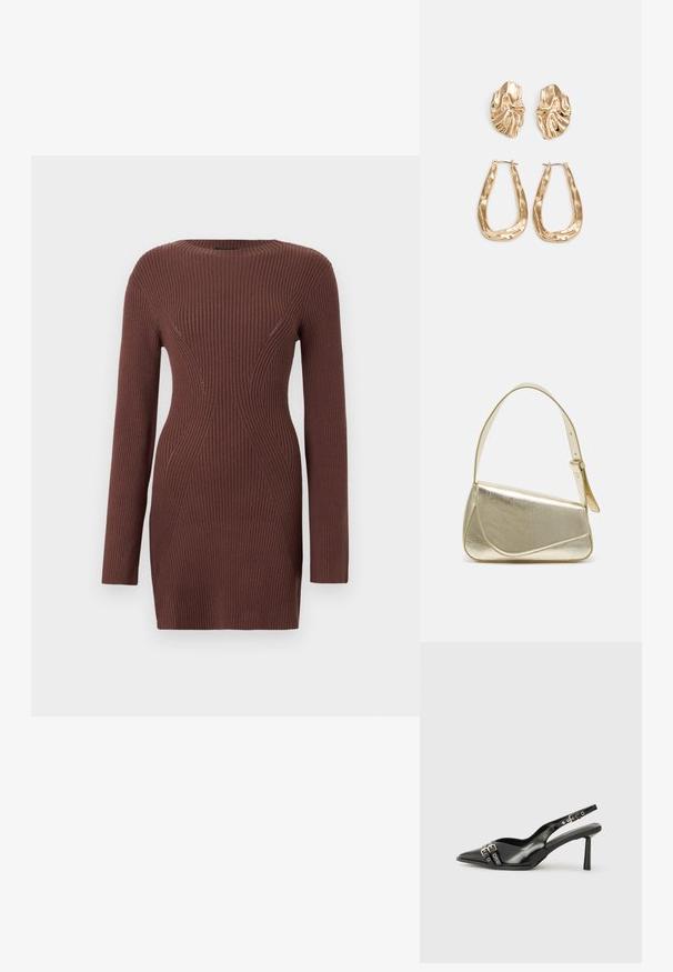 Pruun soonikuga ribatatud pikkade varrukatega kleit, mille vöökoht on istuv ja ümar kaelus, taustal on ühtlane pind.; Must musta nahk kingad sanga ja terava ninaga, ankle strapidega, millel on hõbedased pandlad ja riistvara ning õhuke konts.; Kuldmetallist käekott, millel on struktureeritud disain, sile tekstuur ja reguleeritav rihm. Omab ainulaadset kolmnurkset kuju ja minimalistlikku õmblust.; Kuldse värvi kõrvarõngad, mis on kaunistatud tekstuursete ja laineliste kujunditega. Komplektis on skulpturaalsed klamber kõrvarõngad ja avatud rõngasdisain, millel on lõhestatud viimistlus.