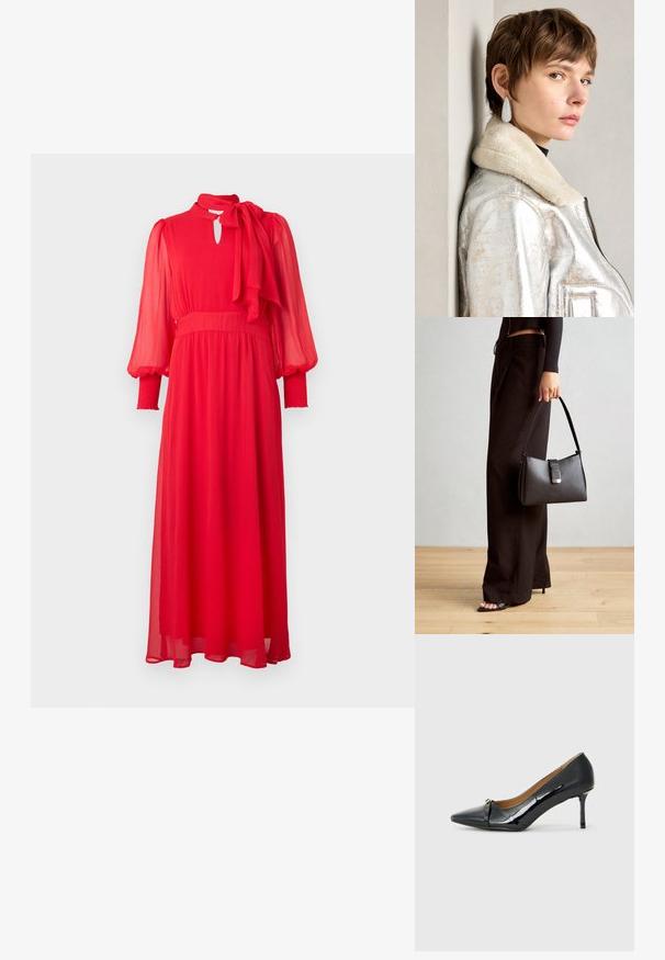 Vestido maxi fluido vermelho, com mangas longas e bufantes, um decote em forma de fenda e um laço na gola. Feito de um tecido leve e transparente.; Sapato de salto alto em couro laqueado preto com bico fino, detalhe de tira decorativa na parte da frente e um salto agulha fino.; Bolsa preta com forma estruturada, textura suave e um fecho metálico. Combinada com calças largas pretas e sandálias de salto aberto sobre um chão de madeira.; Jaqueta de couro metálica prateada com colarinho de peles, apresentando um fecho em zip e uma superfície texturizada. Brincos grandes em forma de gota com pedras preciosas transparentes.