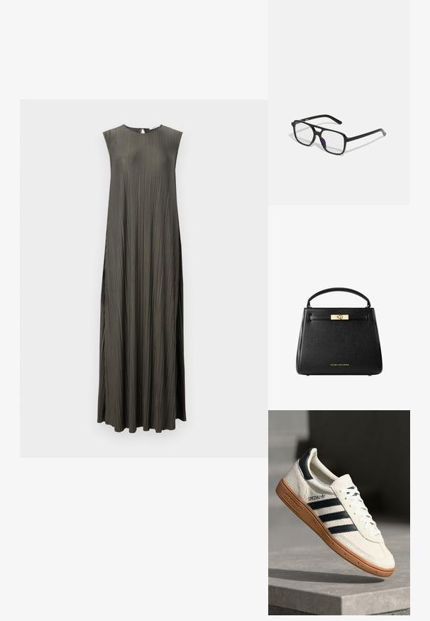 Duga, bezrukavna haljina u tamno maslinasto zelenoj boji s nabranim dizajnom, okruglim izrezom i detaljem u obliku ključanice na leđima. Glatka tekstura.; Bijela suede tenisica s mornarsko plavim prugama, gumeni potplat od smole, teksturirani gornji dio, okrugli nos, i vezice; sadrži brendiranje sa strane i na jeziku.; Crne pravokutne naočale s prozirnim lećama i suptilnim ljubičastim nijansama, s elegantnim ručkama i minimalističkim dizajnom.; Crna kožna torbica s strukturiranim dizajnom, gornjom drškom i kopčom u zlatnoj boji. Ima teksturiranu površinu s utisnutim logom.