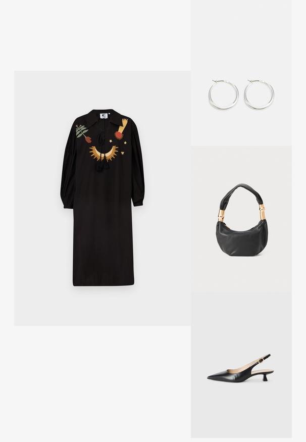 Schwarzes Kleid mit langen Puffärmel, einem Kragen und dekorativer Stickerei in Gold, Rot und Grün. Mit Quasten am Halsauschnitt.; Schwarze Leder-Slingback-Kitten-Heel-Schuhe mit spitzem Zehenbereich und goldener Schnalle am Seitenriemen, auf weißem Hintergrund.; Schwarze Lederhandtasche mit runder Form, weicher Textur und einem geknoteten Griff mit goldfarbenen Hardware-Akzenten. Reißverschlussverschluss.; Silberne Creolen zeichnen sich durch ein glattes, rundes Design mit einem schlanken Profil und einem sicheren Verschluss aus. Minimalistischer Stil mit glänzender Oberfläche.