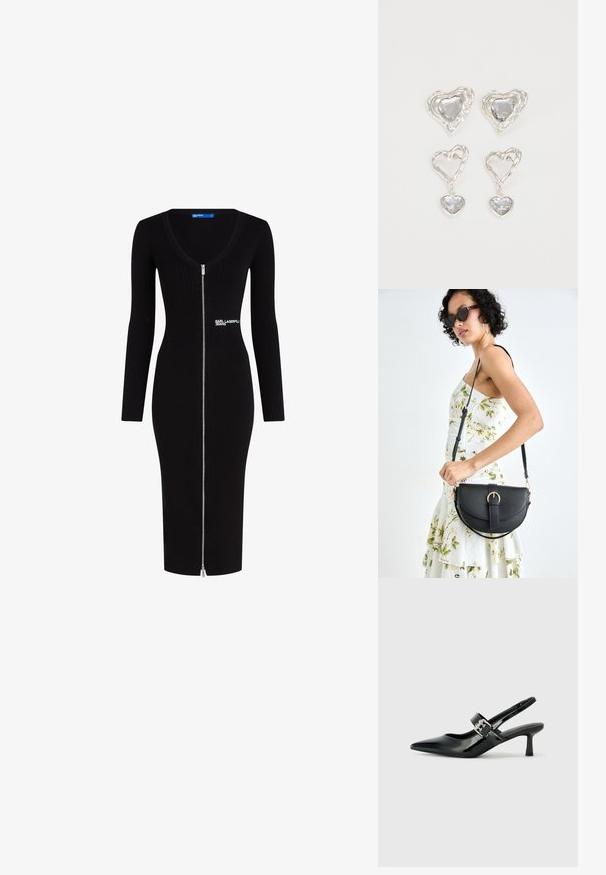 Svart ribbestrikket kjole med lange ermer, V-hals og hel lengde glidelås foran. Har en Karl Lagerfeld Jeans-logo på siden.; Svarte patent lær slingback hæler med spiss tå og en liten blokkheel, med en sølvspenne som detalj på stroppen.; Svart lærveske med en buet form, avtagbar stropp og gullbeslag. Vesken har et klaff med spenne-detall.; Sølv hjerteformede øredobber har fasetterte klare steiner med en teksturert ramme. Sett inkluderer både stud- og hengende stiler.