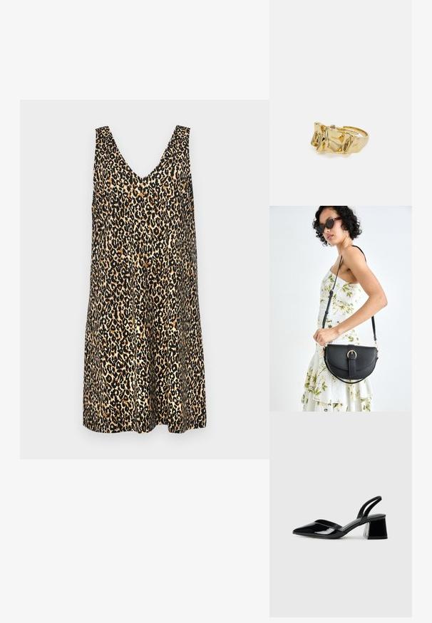 Krajša obleka brez rokavov z vzorcem leopardjega tiska, globokim V-izrezom, lahkotnim materialom in ohlapnim krojem v različnih odtenkih rjave in črne.; Črne lakirane slingback pete s koničastim nosom in geometrijsko blokasto peto. Imajo eleganten, minimalističen dizajn in gladko teksturo.; Črna usnjena torbica s ukrivljeno obliko, z odstranljivo naramnico in zlatimi dodatki. Torbica ima pokrov s podrobnostmi v obliki zaponke.; Zlati prstan z teksturiranim, valovitim dizajnom, ki ima tri izrazite vrhove. Gladka, sijoča površina z odprtim pasom za prilagodljivo prileganje.; Zlati prstan z teksturiranim, valovitim dizajnom, ki ima tri izrazite vrhove. Gladka, sijoča površina z odprtim pasom za prilagodljivo prileganje.