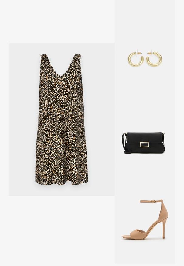 Šaty bez rukávov s leopardím vzorom, ktoré majú hlboký V-výstrih, ľahký materiál a voľný strih s rôznymi odtieňmi hnedej a čiernej.; ALDO CRERIDE PILLOW WALK - Sandále - beige; Čierna kožená clutch taška s klopou a zlatým kovovým detailom s prackou. Obsahuje čierny remienok a elegantný, minimalistický dizajn.; Zlaté kruhové náušnice s hladkým, lesklým povrchom. Cirkulárny dizajn s malým steblom a jasným záznamom pre bezpečné nosenie.