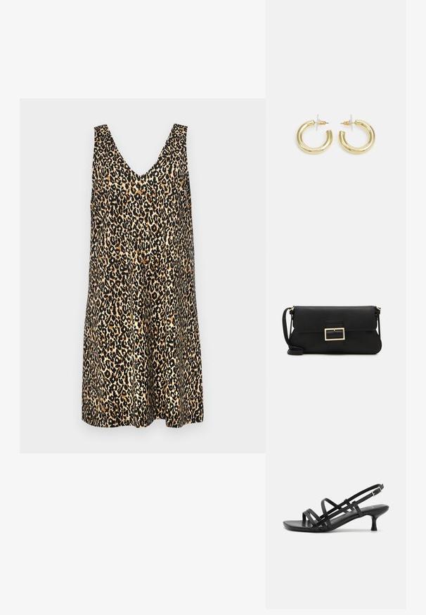 Šaty bez rukávov s leopardím vzorom, ktoré majú hlboký V-výstrih, ľahký materiál a voľný strih s rôznymi odtieňmi hnedej a čiernej.; Čierne sandále na podpätku s viacerými prekríženými remienkami. Hladký materiál, špicatá špička a úzky podpätok. Nastaviteľný remienok okolo členka s prackou.; Čierna kožená clutch taška s klopou a zlatým kovovým detailom s prackou. Obsahuje čierny remienok a elegantný, minimalistický dizajn.; Zlaté kruhové náušnice s hladkým, lesklým povrchom. Cirkulárny dizajn s malým steblom a jasným záznamom pre bezpečné nosenie.