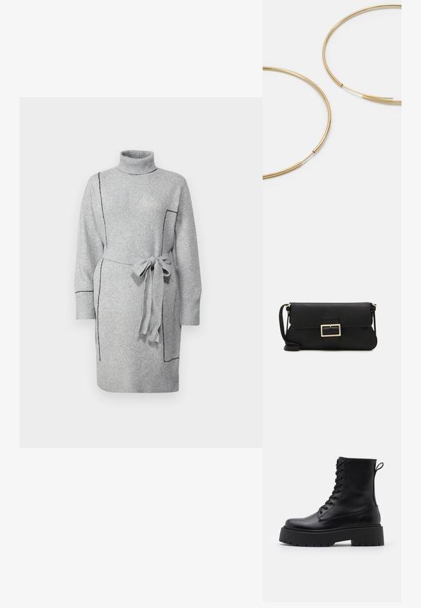 Pilka megzta suknelė su aukštu apykakle, ilgomis rankovėmis ir diržu. Pabrėžia juodus kontrastingus siūlus ir gubomis apykakles. Minkšta, tekstūruota medžiaga.; Juodos odinės aulinukės su apvalia nosimi, raišteliais priekyje ir storesniu guminio pado apačioje su tekstūruotu raštu. Priekyje yra kilputė.; Juodas odinis dėkliukas su atvarteliu ir auksinės metalinės sagties detalėmis. Įeina juodas diržas ir elegantiškas, minimalistinis dizainas.; Aukso spalvos žiedo auskarai, ploni ir apvalūs, su lygiu metaliniu paviršiumi be papuošimų ar raštų.