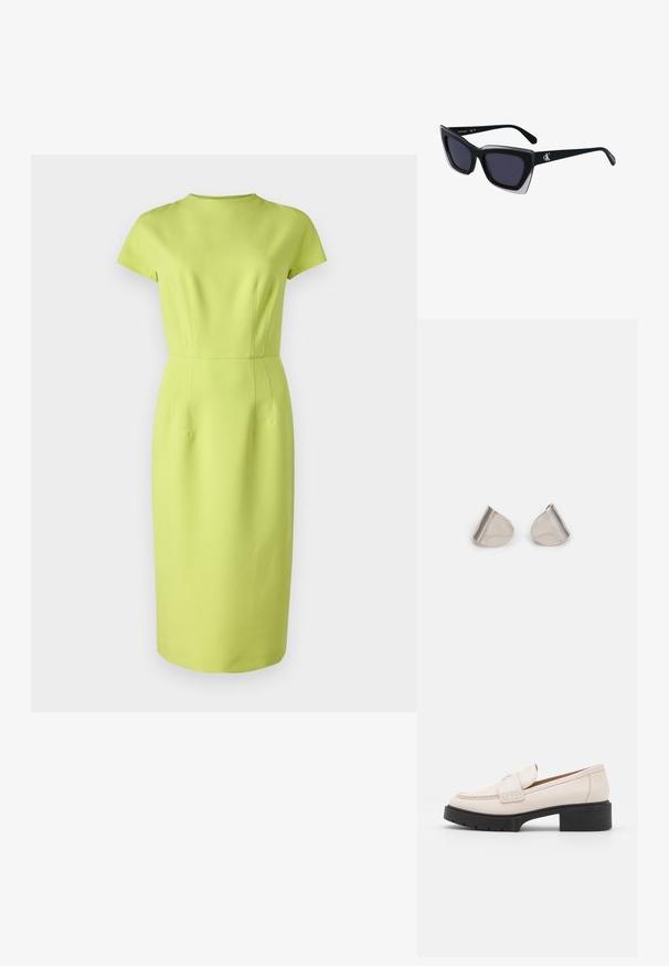 HUGO KALIMERA - Šaty do práce - bright yellow; Svetlo béžové kožené mokasíny s prešitým predom a textúrovaným čiernym platformovým podpätkom. Vlastnosti zahŕňajú zakrivený dizajn a mierne zvýšenie.; Čierne oversized slnečné okuliare s geometrickým tvarom, s tmavými šošovkami a kontrastným šedým detailom na ráme. Logo na mostíku.; Strieborné kovové náušnice s hladkým tvarom kvapky a lesklým povrchom. Jemné rytiny pridávajú detail. Minimalistický dizajn.