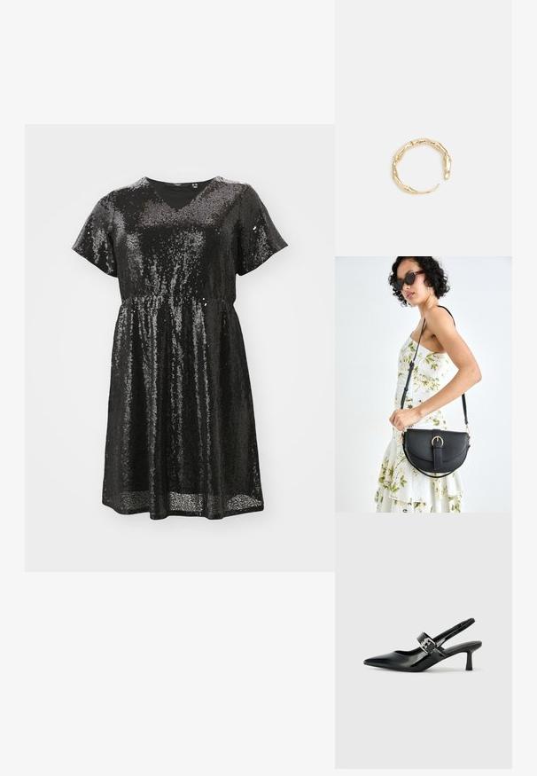 Črna obleka s svetlikajočimi se bleščicami, kratkimi rokavi, V-izrezom, zategnjenim pasom in ohlapnim krojem. Svetleča tekstura ustvarja odseven učinek.; Črne patent usnjene slingback pete s koničastim nosom in majhnim blok peto, ki vključujejo srebrno zaponko na traku.; Črna usnjena torbica s ukrivljeno obliko, z odstranljivo naramnico in zlatimi dodatki. Torbica ima pokrov s podrobnostmi v obliki zaponke.; Zlati prstan s organskim, zvitim dizajnom, gladko površino in taperiranimi konci, ki ustvarja modernega, skulpturalnega videza.