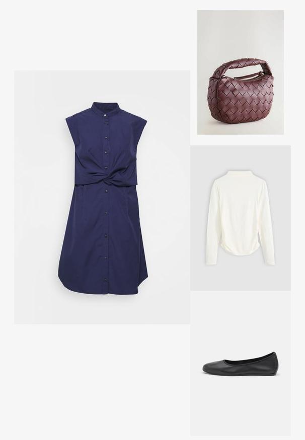 rag & bone LOUISA SLEEVELESS DRESS - Abito a camicia - navy; Maglietta a maniche lunghe in tessuto color crema, con una leggera arricciatura sui lati e un colletto classico. Texture liscia, design semplice.; Pantofole da balletto nere in pelle con punta arrotondata, texture liscia, dettagli di cucitura minimi e design con suola flessibile.; Borsa a mano in pelle borgogna intrecciata con corpo arrotondato, manico spesso e apertura con cerniera. Presenta una texture liscia e un motivo intrecciato.