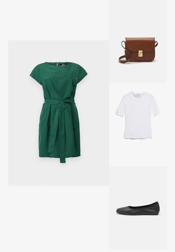 WEEKEND MaxMara TRIPOLI - Vapaa-ajan mekko - verde; Valkoinen lyhythihainen t-paita, joka on valmistettu ribbytedusta kankaasta. Pyöreä pääntiie, normaali istuvuus ja hienovaraiset ompeluyksityiskohdat. Ei kuvioita tai grafiikkaa.; Musta nahkainen ballerina, jossa on pyöristetty kärki, sileä pinta, minimaalinen ommelkoristelu ja joustava pohjamuotoilu.; Ruskea nahkainen käsilaukku, jossa on läppäkiinnitys, kultasävyiset yksityiskohdat, olkahihna ja sileä pinta. Kompaktin suorakaiteen muotoinen.