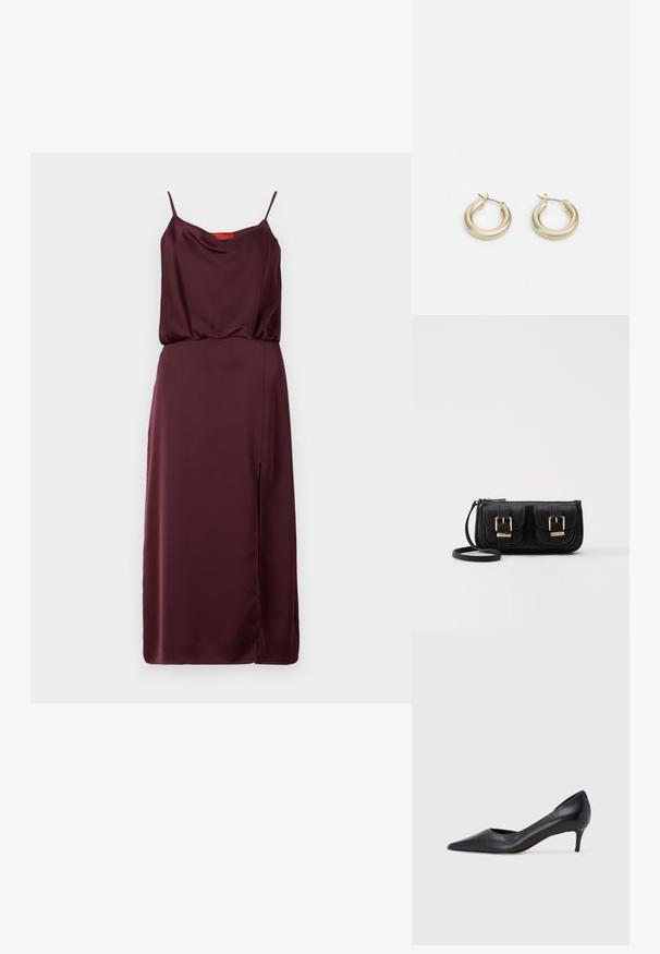 Burgunderfarget satinklær med spaghetti-stropper, drapering på halsen, samlet midje og sidesplit. Glatt tekstur, knelång design.; Sort lærpumps med spiss tupp og lav hæl. Har en jevn tekstur og subtil glans. Åpen utskjæring foran for ekstra detalj.; Svart skinn crossbody veske med to frontlommer, gyldne spenner, glidelåslukking og en slank stropp. Teksturert overflate og kompakt rektangulær form.; Lauren Ralph Lauren BASIC SMALL HOOP - Øredobber - gold-coloured