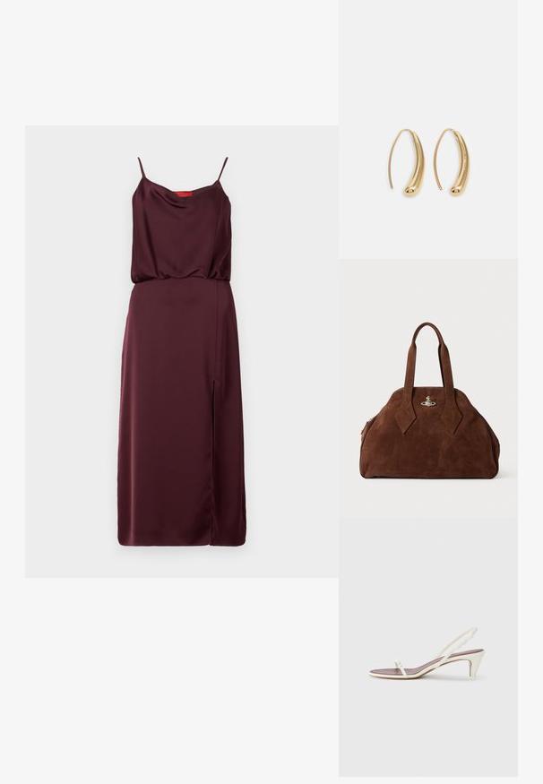 Burgundowa satynowa sukienka na cienkich ramiączkach, z dekoltem w łódeczkę, marszczeniem w talii i rozcięciem po bokach. Gładka faktura, długość do kolan.; Białe sandały na koturnie z cienkimi paskami i gładką skórzaną fakturą; zawierają małą dekoracyjną klamrę.; Brązowa torebka z zamszu o usztywnionym kształcie, zaokrąglonym korpusie i wydłużonych uchwytach w kształcie diamentu. Charakteryzuje się srebrnym zamknięciem.; Złote metalowe kolczyki w kształcie obręczy o zakrzywionym, wydłużonym kształcie. Posiadają gładką, błyszczącą powierzchnię oraz zaokrąglony koniec dla dodatkowego efektu.