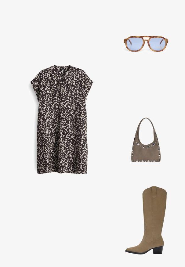 Kurzes, ärmelloses Kleid in Schwarz mit einem cremefarbenen, abstrakten Muster, das einen tiefen V-Ausschnitt und eine lockere A-Linie hat. Glatter, leichter Stoff.; Knöchelhohe, sandfarbene Wildlederstiefel mit spitzer Zehenform, gestapeltem Absatz und genähten Details an den Seiten. Glatte Textur und strukturierte Form.; Schildkrötensonnenbrille mit blauen Gläsern, eckigem Design, dickem Rahmen und Ausschnitt für die Nasenbrücke; mit goldenen Akzenten an den Schläfen.; PULL&BEAR SHOPPER - Shopping Bag - grey