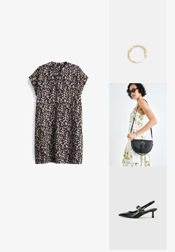 Kurzes, ärmelloses Kleid in Schwarz mit einem cremefarbenen, abstrakten Muster, das einen tiefen V-Ausschnitt und eine lockere A-Linie hat. Glatter, leichter Stoff.; Schwarze Lackleder Slingback-Absätze mit spitzem Zeh und kleinem Blockabsatz, ausgestattet mit einem silbernen Schnallenakzent am Riemen.; Schwarze Lederhandtasche mit geschwungener Form, abnehmbarem Tragegurt und goldenen Beschlägen. Die Tasche verfügt über einen Deckel mit einer Schnallen-Details.; Goldfarbener Ring mit einem organischen, gedrehten Design, glatter Oberfläche und sich verjüngenden Enden, was ein modernes, skulpturales Erscheinungsbild erzeugt.