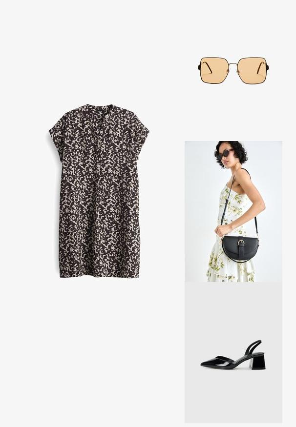 Kurzes, ärmelloses Kleid in Schwarz mit einem cremefarbenen, abstrakten Muster, das einen tiefen V-Ausschnitt und eine lockere A-Linie hat. Glatter, leichter Stoff.; Schwarze Lackleder-Slingback-High Heels mit spitzem Schuh und einem geometrischen Blockabsatz. Verfügt über ein schlankes, minimalistisches Design und eine glatte Textur.; Quadratische Sonnenbrillen mit braunen Gläsern und einem dünnen schwarzen Metallrahmen. Verfügt über schräg gestaltete Bügel und verstellbare Nasenpads für zusätzlichen Komfort.; Schwarze Lederhandtasche mit geschwungener Form, abnehmbarem Tragegurt und goldenen Beschlägen. Die Tasche verfügt über einen Deckel mit einer Schnallen-Details.