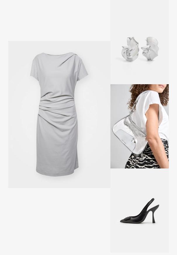 Rochie gri cu mânecă scurtă, confecționată dintr-un material moale, având un design drapat cu detalii pliate la talie și o croială dreaptă.; Pantofii slingback din piele neagră, cu vârf ascuțit, toc subțire și un accent decorativ sub formă de fundiță. Textură netedă și design elegant.; Geantă de umăr metalică argintie, cu o textură netedă, design curbat, curea din lanț și un panou frontal lustruit, având o gravură subtilă a logo-ului.; Cercei din argint cu un design fluid, spiralat. Textură netedă cu o finisare lustruită. Prezintă un aspect subtire, strălucitor și fără embellishments vizibile.