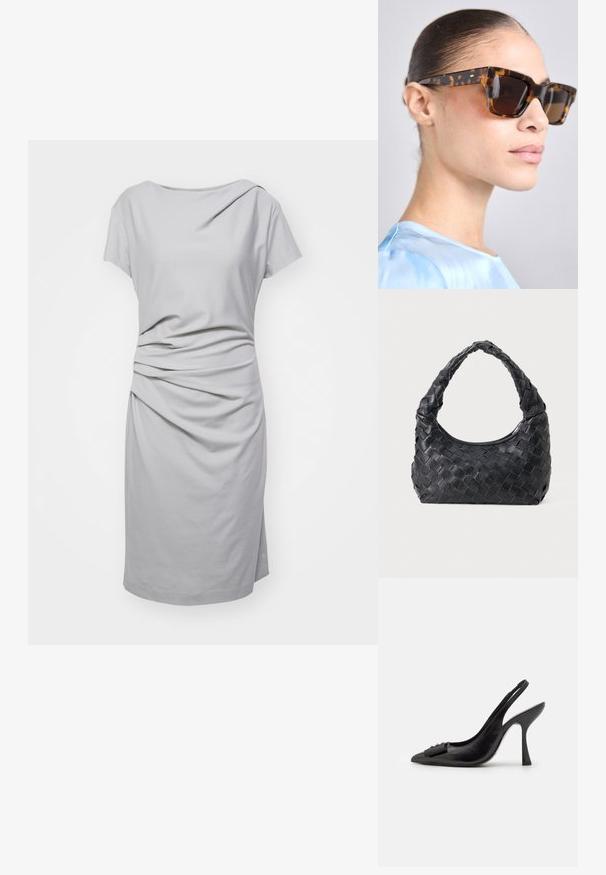 Robe grise à manches courtes en tissu doux, avec un design drapé et des détails froncés à la taille, et une coupe droite.; Chaussure slingback en cuir noir avec un bout pointu, un talon haut fin et un accent de nœud décoratif. Texture lisse et design élégant.; Lunettes de soleil écaille de tortue avec une monture rectangulaire épaisse. Verres sombres et accents dorés sur les branches. Fini lisse et brillant.; Sac en cuir noir tissé avec une poignée arrondie et un corps en forme de croissant sur un fond uni.