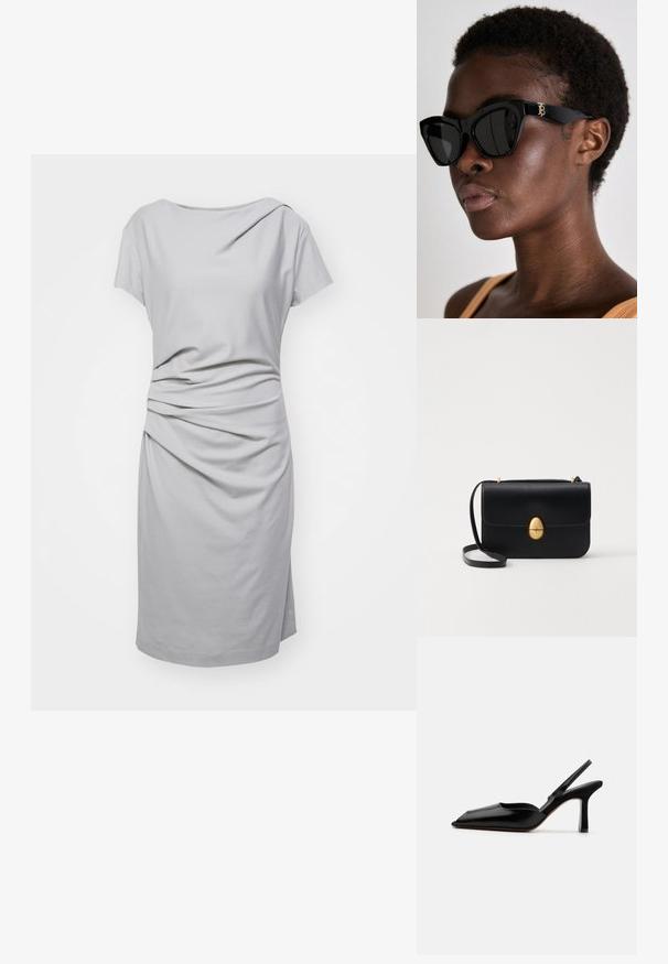 Pilkas trumpas rankovės suknelė, pagaminta iš minkštos medžiagos, pasižyminti drapiruotu dizainu su susiraukšlėjimais juosmens srityje ir tiesiu kirpimu.; Juodas odinis slingback kulnas su smailiu nosiu, minimalizmo stilius, plonas kulkšnies dirželis ir elegantiškas stiletto kulnas. Lygus paviršius.; Juodos saulės akinių su geometrine katės akies forma, turinčiais tamsius lęšius ir ryškias aukso spalvos logotipo detales juodose deriniuose.; Juodas odinis rankinukas su struktūrine stačiakampio forma. Yra auksinė ovali sagtis ir plona petneša. Glotni tekstūra.