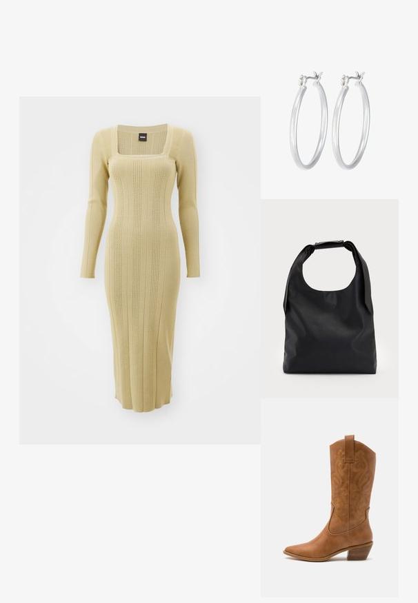 Neule pitkähihaine mekko vaaleassa beigeessä, jossa on neliönmuotoinen pääntie, ribattu pinta ja pystysuorat raidat. Kiinteästi istuva muotoilu, joka ulottuu polven keskikohtaan.; Ruskean nahkainen cowboy-saapas, jossa on terävä kärki, brodeeratut pyörteiset kuviot varressa ja kerroslohko korko. Varustettu nostonipulla helpottamaan pukemista.; Musta nahkainen käsilaukku, jossa suuri avoin yläosa ja yksi olkahihna. Pehmeä pinta, minimalistinen muotoilu, hillityt metallikoristeet.; Hope-silver rengas, joissa on sileä ja kiillotettu pinta. Pyöreä muoto ja turvallinen napsautettava lukitus. Kevyt muotoilu sopii päivittäiseen käyttöön.