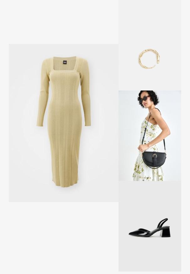 Kootud pika varrukaga kleit heledas beežis, ruudu kujuga kaeluse, soonilise tekstuuri ja vertikaalsete triipudega. Kehakujuline disain, mis ulatub keskmise sääreni.; Mustad musta lakknahk kingad, millel on terav varvas ja geomeetriline plokkkonts. Omab elegantselt minimalistlikku disaini ja sujuvat tekstuuri.; Mustmust mustraha kõverate joontega, eemaldatava rihmaga ja kuldsete detailidega. Kotil on klapp, millel on pandladetail.; Kuldtoonis sõrmus, millel on orgaaniline, keerdunud disain sileda tekstuuri ja kitsenevate otstega, luues kaasaegse skulptuurilise välimuse.