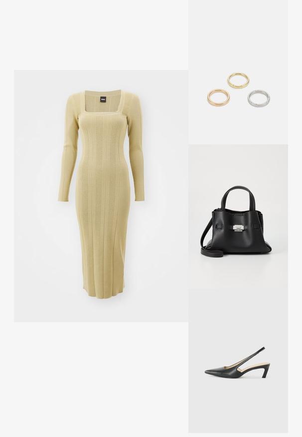 Šviesiai smėlinės spalvos megzta su ilgomis rankovėmis su kvadratiniu iškirpimu, su briaunotu tekstūru ir vertikaliomis juostelėmis. Prigludęs dizainas iki vidurio blauzdų.; Juodas smailus slingback batelis su žemu kulnu, pagamintas iš lygaus odos paviršiaus ir su išpjovomis šone, užtikrinančiomis oro pralaidumą.; Juodas odinis rankinės su tekstūruota apdaila, turintis dvi viršutinės rankenos, nuimamą peties diržą ir sidabrinį užsegimą.; Trys metalinės žiedai: vienas rožinės aukso, vienas auksinis su tekstūruotais akcentais ir vienas sidabrinis, visi su įmintu ženklinimu vidinėje juostoje.
