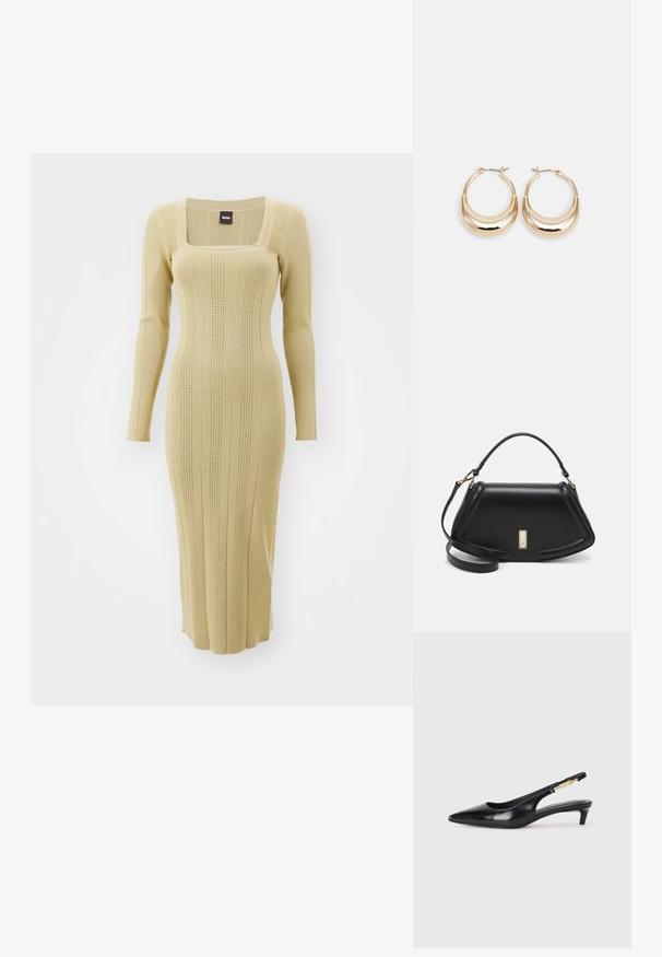 Abito a maniche lunghe in maglia color beige chiaro con scollatura quadrata, texture a coste e righe verticali. Design aderente di lunghezza media fino al polpaccio.; Tacchi slingback in pelle nera con punta affusolata, caratterizzati da un tacco alto e un accento dorato sulla cinghia regolabile. Texture liscia.; Borsa a mano in pelle nera con un design strutturato, caratterizzata da una forma corta, manico superiore e accessori in metallo dorato. Inclusa tracolla regolabile.; Orecchini a cerchio tonalità oro con forma a mezzaluna, superficie lucidata e chiusura a cerniera. La texture liscia e la finitura riflettente migliorano la visibilità.
