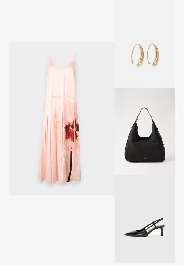 MAX&Co. CURLY - Occasion wear - weiss; Black patent slingback heel with a pointed toe, featuring textured snake print, adjustable strap, and a short, textured block heel.; MICHAEL Michael Kors NOLITA HOBO  - Handbag - black; Gold-tone metal hoop earrings with a curved, elongated shape. Features a smooth, shiny surface and a rounded tip for added detail.