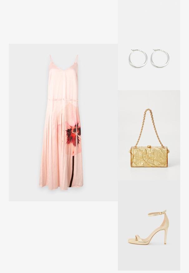 MAX&Co. CURLY - Gallakjole - weiss; Guldmetal højhælede sandaler med åben tå, ankelrem med spænde og en platformsål for ekstra højde. Glat overflade.; Gul, krøllet taske med rektangulær form, udstyret med en kædestrop og en lås på toppen. Glat, skinnende overflade.; Sølv hoops øreringe har et glat, afrundet design med en slank profil og sikker spænde. Minimalistisk stil med en poleret finish.