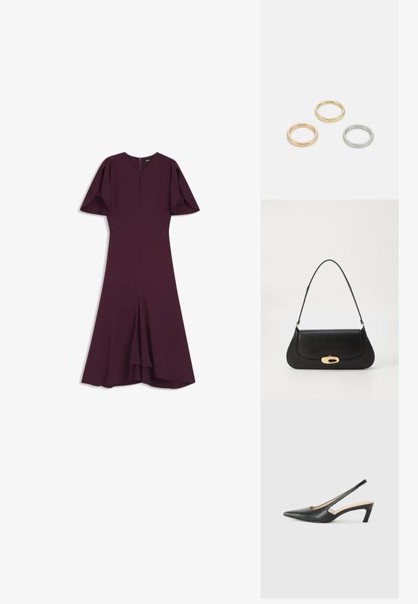 Sötétlila midi ruha V-vágással, rövid puffos ujjak, testhez álló derék és harang fazonú szegély jellemzi, hátsó cipzárral záródik.; Fekete, hegyes orrú, slingback cipő alacsony sarkával, sima bőrből készült, oldalt kivágott deisgnal a légáteresztőképesség érdekében.; Fekete bőr táska ívelt kialakítással, arany színű fémrészletekkel és felső fogantyúval. Csúszásmentes záródás és sima textúra jellemzi.; Három fémgyűrű: az egyik rose gold, a másik texturált akcentusokkal ellátott arany, a harmadik pedig ezüst, mindegyiken gravírozott márkajelzés található a belső sávon.