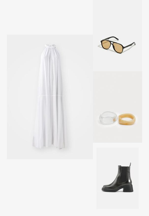 Ilga, halter tipo suknelė balta spalva, su susiraukšlėjusia iškirpte ir laisva siluetu, pagaminta iš lengvo audinio be siūlių.; Juodos odinės kulkšninių botai su lygia apdaila, elastingais šonais ir storu kulnu. Yra vilkimo kilpa, skirta patogesniam apsiaustui.; Juodi saulės akiniai su rudais lęšiais; stačiakampio formos, su storu rėmu, įskaitant subtilias detales ant šventyklų.; Skaidraus ir gintaro dervos žiedai, vienas lygus ir skaidrus, kitas su tekstūruotu, gintaro atspalviu. Abu turi apvalius, storus dizainus.