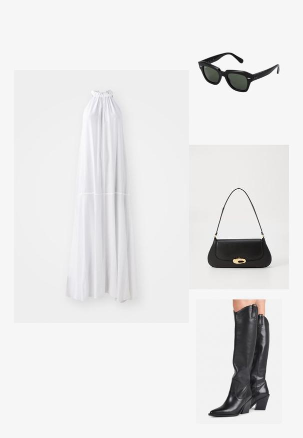Ilga, halter tipo suknelė balta spalva, su susiraukšlėjusia iškirpte ir laisva siluetu, pagaminta iš lengvo audinio be siūlių.; Juodos odinės iki kelių ilgio botai su smailiu priekiniu kampu, lenktu šlaunies dizainu ir storu kulnu. Su lygia tekstūra ir užtrauktukais viršuje.; Juodi kvadratiniai saulės akiniai su tamsiai žaliais lęšiais, pasižymintys ryškiu rėmeliu ir sidabrinėmis detalėmis šonuose. Pagaminta Italijoje.; Juodas odinis rankinės su išlenktu dizainu, auksinių atspalvių furnitūra ir viršutine rankena. Savybės - stilingas uždarymas ir glotni tekstūra.