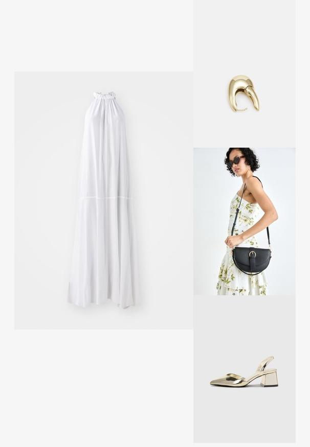 Dlouhé šaty s halter výstřihem v bílé barvě, s nařaseným výstřihem a splývavým střihem, vyrobené z lehkého materiálu bez švů.; Kovové zlaté pantofle na podpatku s špičatou špičkou a masivním podpatkem. Hladký povrch, minimalisticý design a úzký pásek.; Černá kožená kabelka s křivkovým tvarem, odnímatelným popruhem a zlatými detaily. Kabelka má klopu s přezkou.; Náušnice ve zlatém tónu z kovu s elegantním zakřiveným designem. Vyznačují se jedinečným špičatým tvarem, lesklým povrchem a závěsem na kloub.