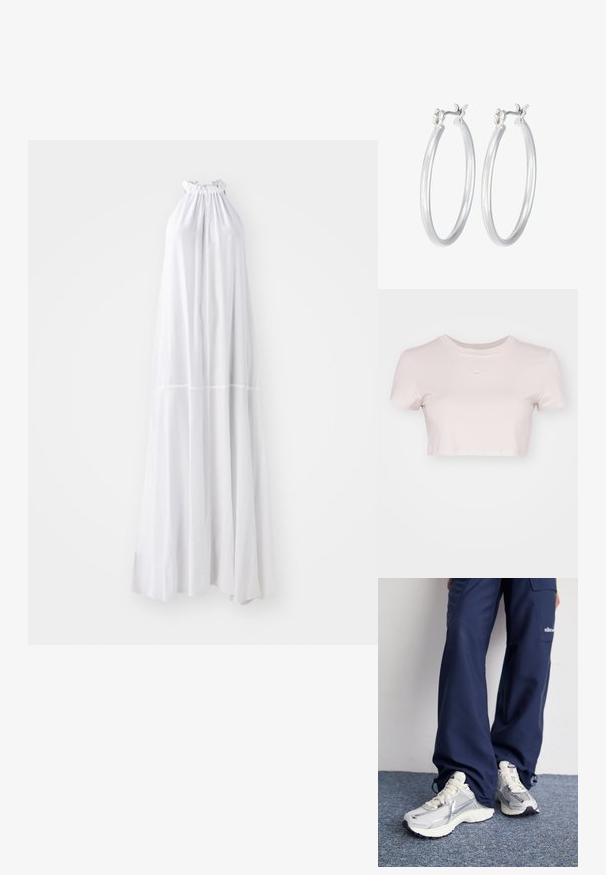 Dlhé šaty s halter výstrihom v bielej farbe, ktoré majú zhromaždený výstrih a splývavý strih, vyrobené z ľahkého materiálu s bezšvovým dizajnom.; Skraćené tričko svetloružovej farby, vyrobené z mäkkej tkaniny. Má okrúhly výstrih a krátke rukávy s malým bielym logom Nike na hrudi.; Športové topánky Nike s strieborným sieťovaným zvrškom, bielymi detailmi a textúrovanými podrážkami, skombinované s voľnými námorníckymi nohavicami.; Strieborné kruhové náušnice s hladkým, lesklým povrchom. Kolový tvar a bezpečné klikanie na uzatváranie. Ľahký dizajn vhodný na každodenné nosenie.
