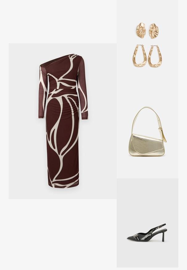 Abito marrone a maniche lunghe, asimmetrico, con motivo floreale astratto beige e vita arricciata, esposto su uno sfondo neutro.; Scarpa slingback in vernice nera con punta affusolata, cinturini alla caviglia con fibbie in argento e accessori, e tacco sottile.; Borsa a mano metallica dorata con un design strutturato, superficie liscia e tracolla regolabile. Presenta una forma triangolare unica e cuciture minimaliste.; Orecchini in tono oro caratterizzati da forme ondulate eTexture. Comprendono chiusure clip-on scultoree e un design a cerchio aperto con finitura martellata.