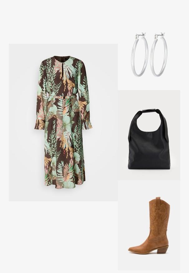 Langärmliges Kleid mit schwarzem Hintergrund und grünen, korallfarbenen sowie pastellfarbenen Blumenmustern. Glattes Material und eine taillierte Passform.; Braune Leder-Cowboy-Stiefel mit spitzem Zehenbereich, bestickten Wirbelmustern am Schaft und einem gestapelten Blockabsatz. Verfügt über einen Ziehriemen für das einfache Anziehen.; Schwarze Leder-Hobo-Tasche mit einem einzelnen, weichen, abgerundeten Griff; verfügt über eine glatte Textur und ein minimalistisches Design. Keine sichtbaren Beschläge oder Akzente.; Silberne Creolen mit einer glatten, polierten Oberfläche. Runder Form und sicherem Klickverschluss. Leichtes Design, geeignet für den täglichen Gebrauch.