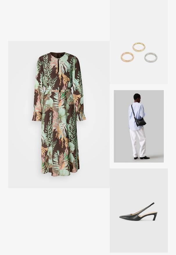 Hosszú ujjas ruha fekete háttérrel, zöld, korall és pasztell virágmintákkal. Sima anyag és összefogott derék rész.; Fekete, hegyes orrú, slingback cipő alacsony sarkával, sima bőrből készült, oldalt kivágott deisgnal a légáteresztőképesség érdekében.; Fekete bőr válltáska puha tapintással, háromszög alakú, állítható pánttal, világoskék csíkos inggel és fehér nadrággal párosítva.; Három fémgyűrű: az egyik rose gold, a másik texturált akcentusokkal ellátott arany, a harmadik pedig ezüst, mindegyiken gravírozott márkajelzés található a belső sávon.