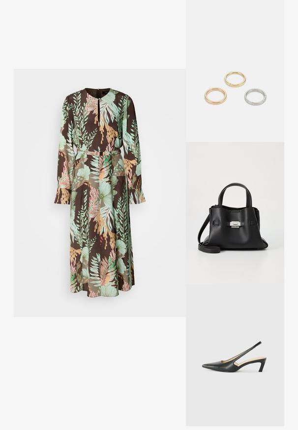Robe à manches longues avec un fond noir orné de motifs floraux verts, corail et pastel. Tissu lisse et détail de taille cintrée.; Slingback noir à bout pointu avec un petit talon, en cuir lisse et doté d'un design découpé sur le côté pour plus de respirabilité.; Sac à main en cuir noir avec une finition texturée, doté de deux poignées supérieures, d'une bandoulière amovible et d'un détail de fermoir en argent.; Trois anneaux en métal : un en or rose, un en or avec des accents texturés, et un en argent, tous avec une gravure de marque à l'intérieur de la bande.