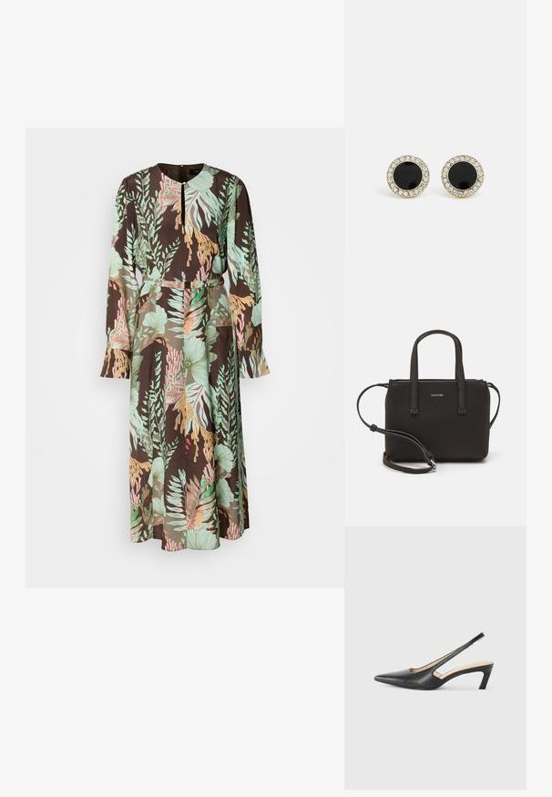 Langærmet kjole med sort baggrund og grønne, koral og pastelfarvede blomster mønstre. Glat stof og en indsnævret talje detalje.; Sorte spidse slingback-sko med en lav hæl, lavet af glat læder og med udskæringer på siden for åndbarhed.; Sort håndtaske med to korte håndtag og en aftagelig skulderrem. Glat læderagtigt materiale med lynlåslukning og logo detaljer.; DKNY INLAY STUD - Øreringe - black/gold-coloured