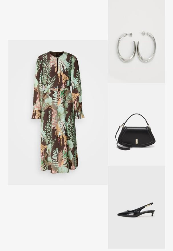 Šaty s dlhým rukávom s čiernym pozadím a zelenými, koralovými a pastelovými kvetinovými vzormi. Hladká tkanina a detail so zúženým pásom.; Čierne kožené slingback opätky s špicatou špičkou, s úzkym opätkom a zlatým detailom na nastaviteľnom remienku. Hladká textúra.; Čierna kožená kabelka so štruktúrovaným dizajnom, s krátkym tvarom, hornou rúčkou a zlatými prvkami. Súčasťou je nastaviteľný ramenný popruh.; Strieborné kruhové náušnice s hladkým, zakriveným dizajnom. Majú lesklý kovový povrch a zapínanie na kolík. Žiadne viditeľné vzory ani akcenty.
