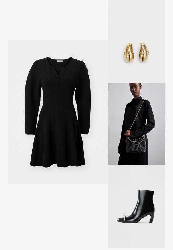 Czarna sukienka z prążkowanego materiału, dopasowana w górnej części, z rozkloszowanym dołem i długimi rękawami. Posiada dekolt henley z jednym guzikiem.; Czarne botki za kostkę wykonane z połyskującej skóry, z noskiem w kształcie szpica i dekoracyjnym złotym oraz srebrnym akcentem z przodu. Projekt słupkowego obcasa.; Czarna pikowana skórzana torebka z marszczonym topem, złotym łańcuchem oraz prostokątnym kształtem, trzymana na jednolitym tle.; Złote kolczyki o płynnej, zakrzywionej formie. Każdy kolczyk ma gładką powierzchnię i mały zapięcie z dekoracyjnym detalem.